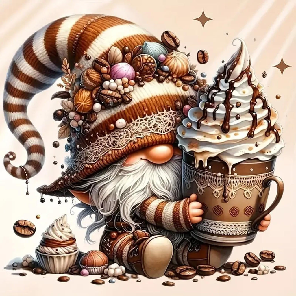 Whimsical gnome character holding a large coffee cup with whipped cream and chocolate drizzle, surrounded by coffee beans and cupcakes.