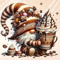 Whimsical gnome character holding a large coffee cup with whipped cream and chocolate drizzle, surrounded by coffee beans and cupcakes.