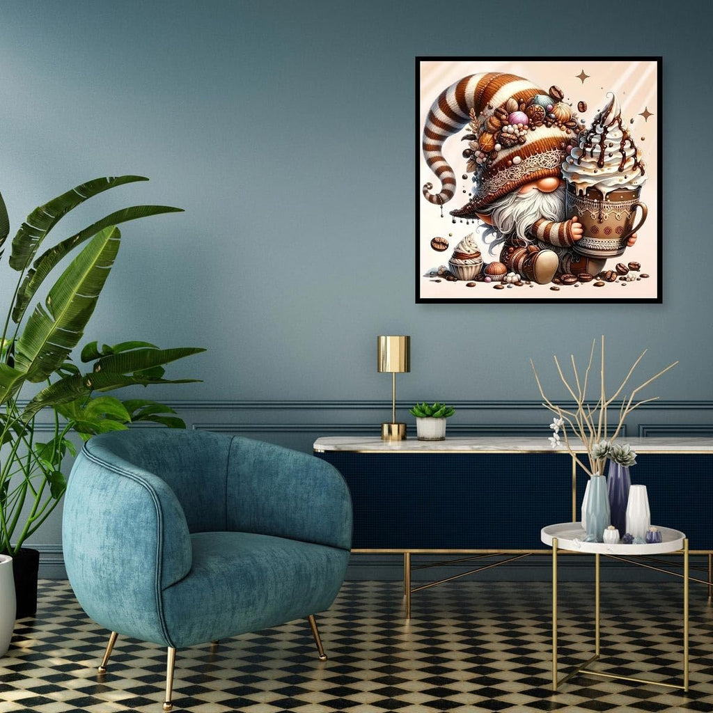 Diamond painting of a gnome holding a coffee cup, surrounded by coffee beans and cupcakes.