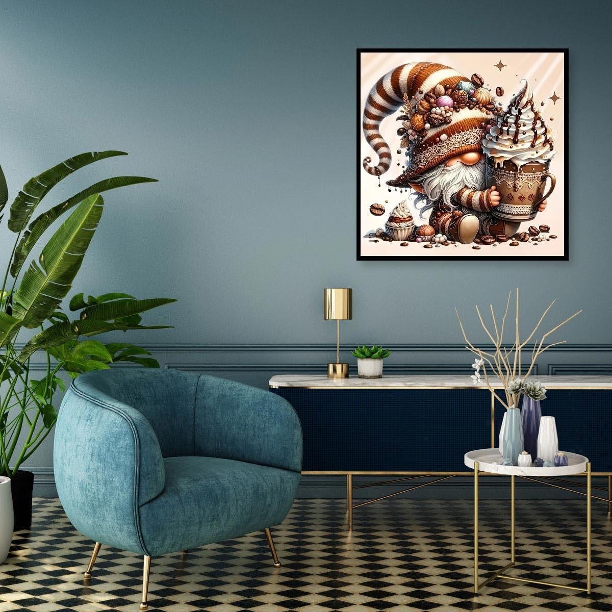 Diamond painting of a gnome holding a coffee cup, surrounded by coffee beans and cupcakes.