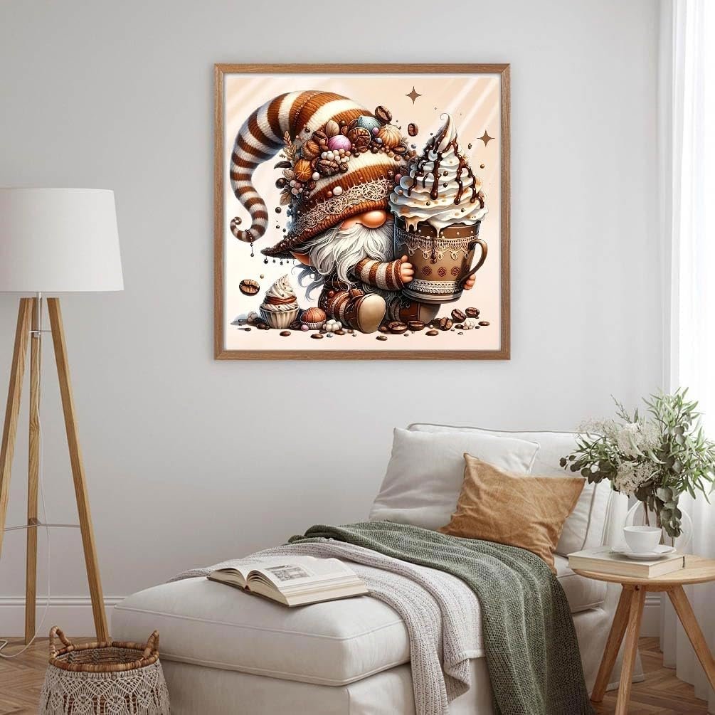 Diamond painting of a gnome holding a coffee cup, surrounded by coffee beans and cupcakes.