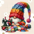 Illustration of a gnome wearing a colorful knitted hat and sweater, sewing a patchwork quilt with a vintage sewing machine.