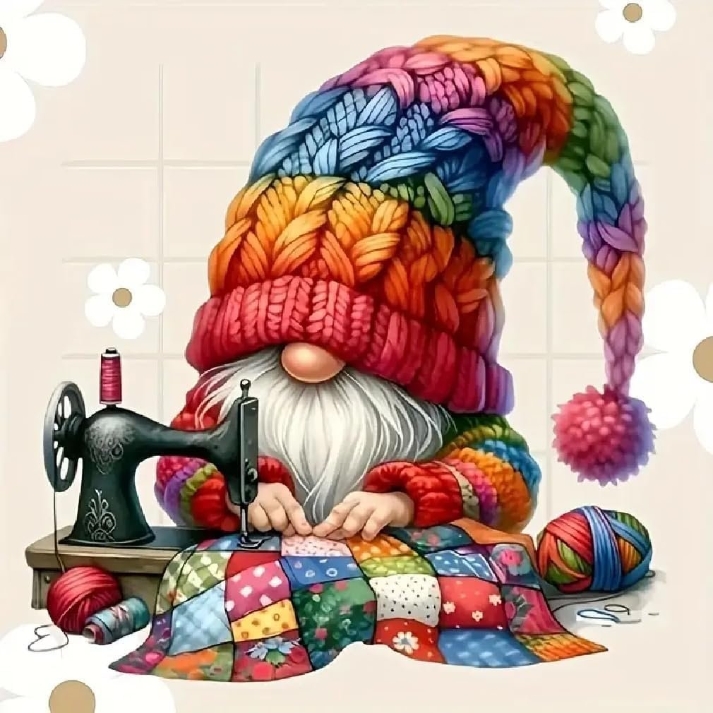 Illustration of a gnome wearing a colorful knitted hat and sweater, sewing a patchwork quilt with a vintage sewing machine.