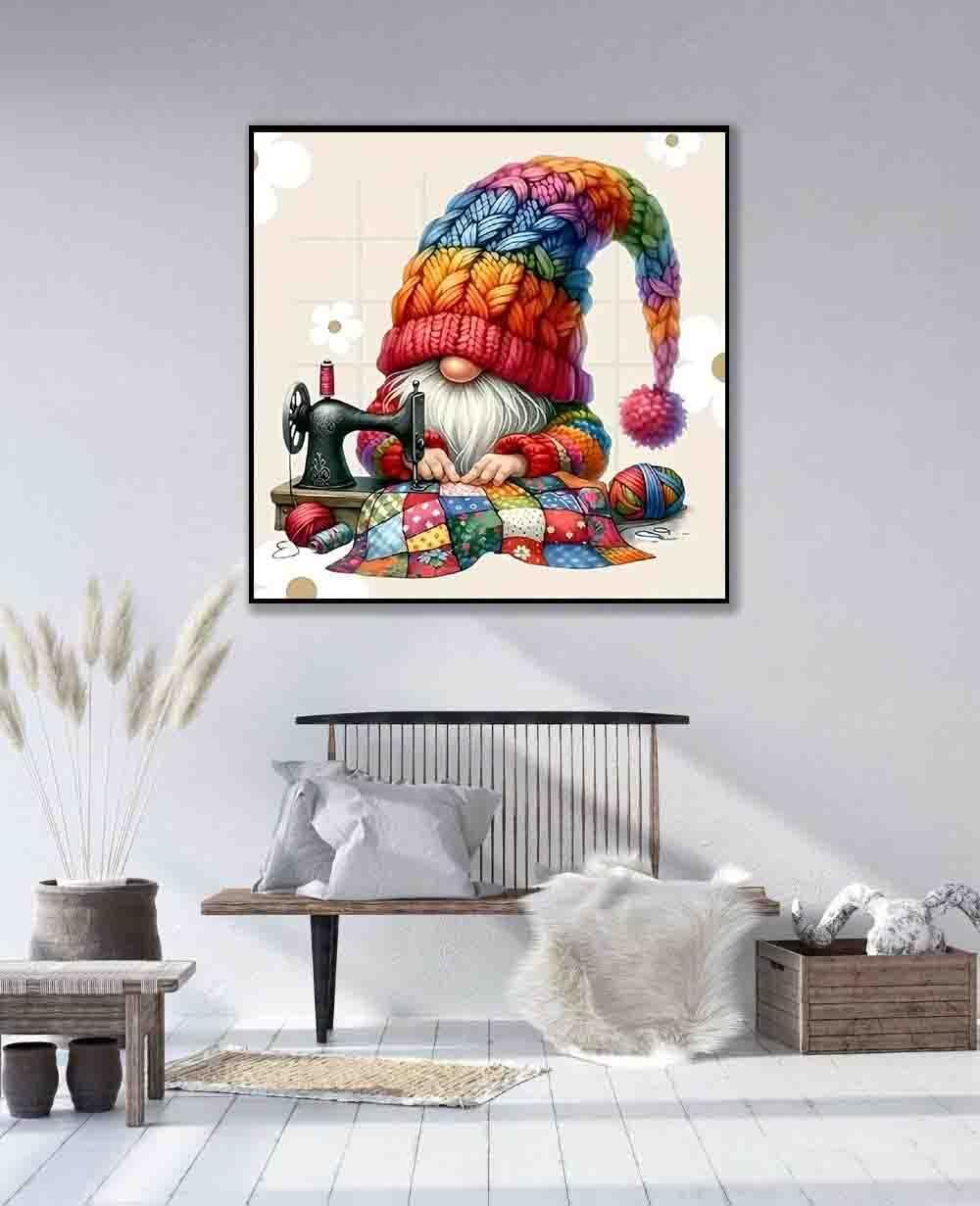 Illustration of a gnome sewing a quilt with a sewing machine and colorful yarn
