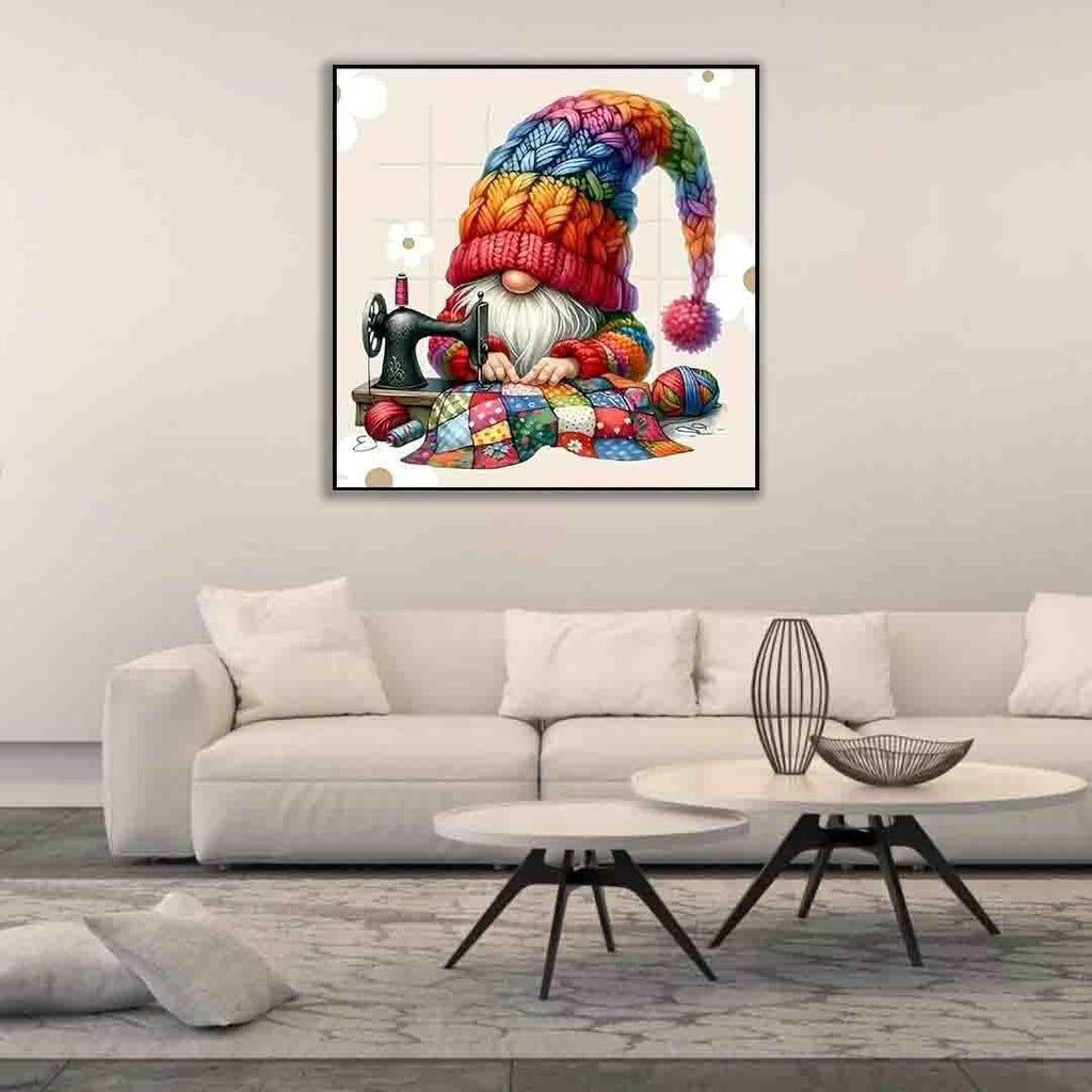 Cross stitch kit design of a gnome sewing a colorful quilt with a sewing machine and yarn.