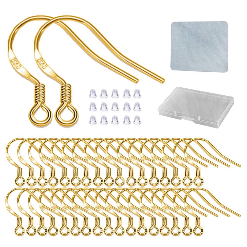 Gold plated copper earring hooks with rubber backs and storage case, flat lay