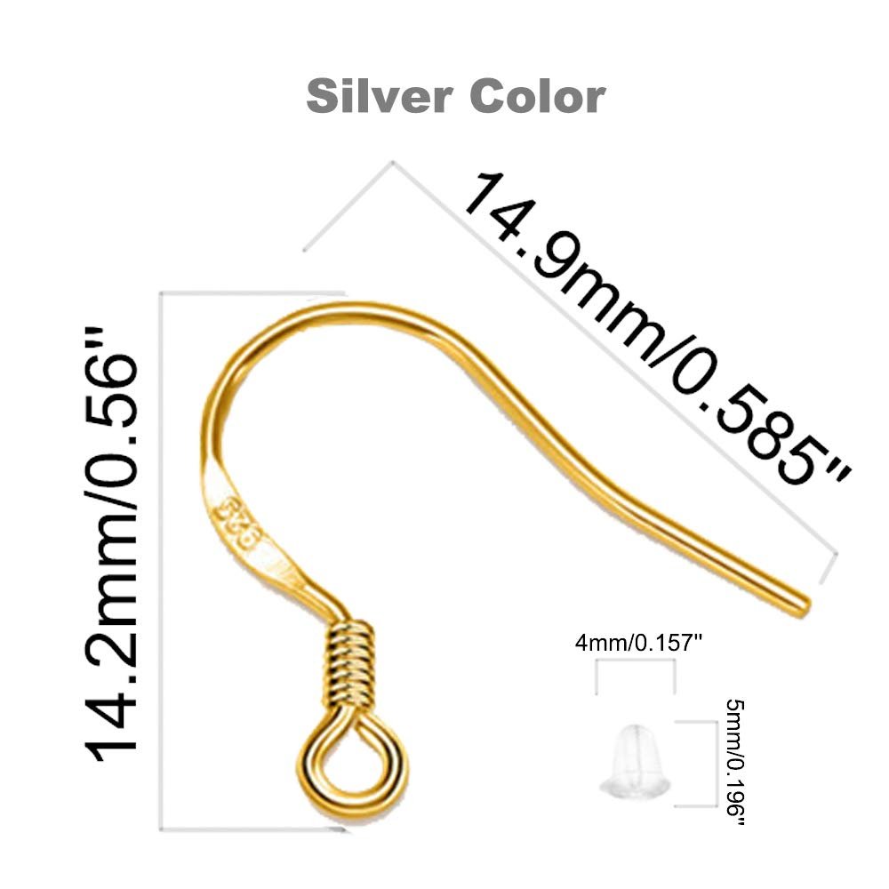 Gold plated earring hooks with dimensions and rubber backs shown, silver color