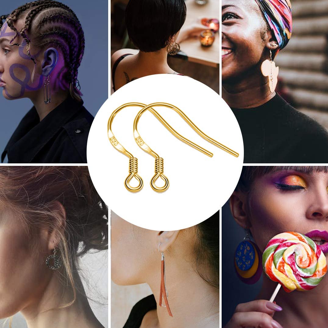 Collage of people wearing various earrings, with a central close-up of gold-plated copper earring hooks.