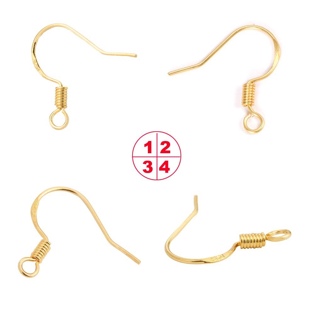 Four gold-plated copper earring hooks shown from different angles, with a circular graphic indicating numbers 1, 2, 3, and 4.