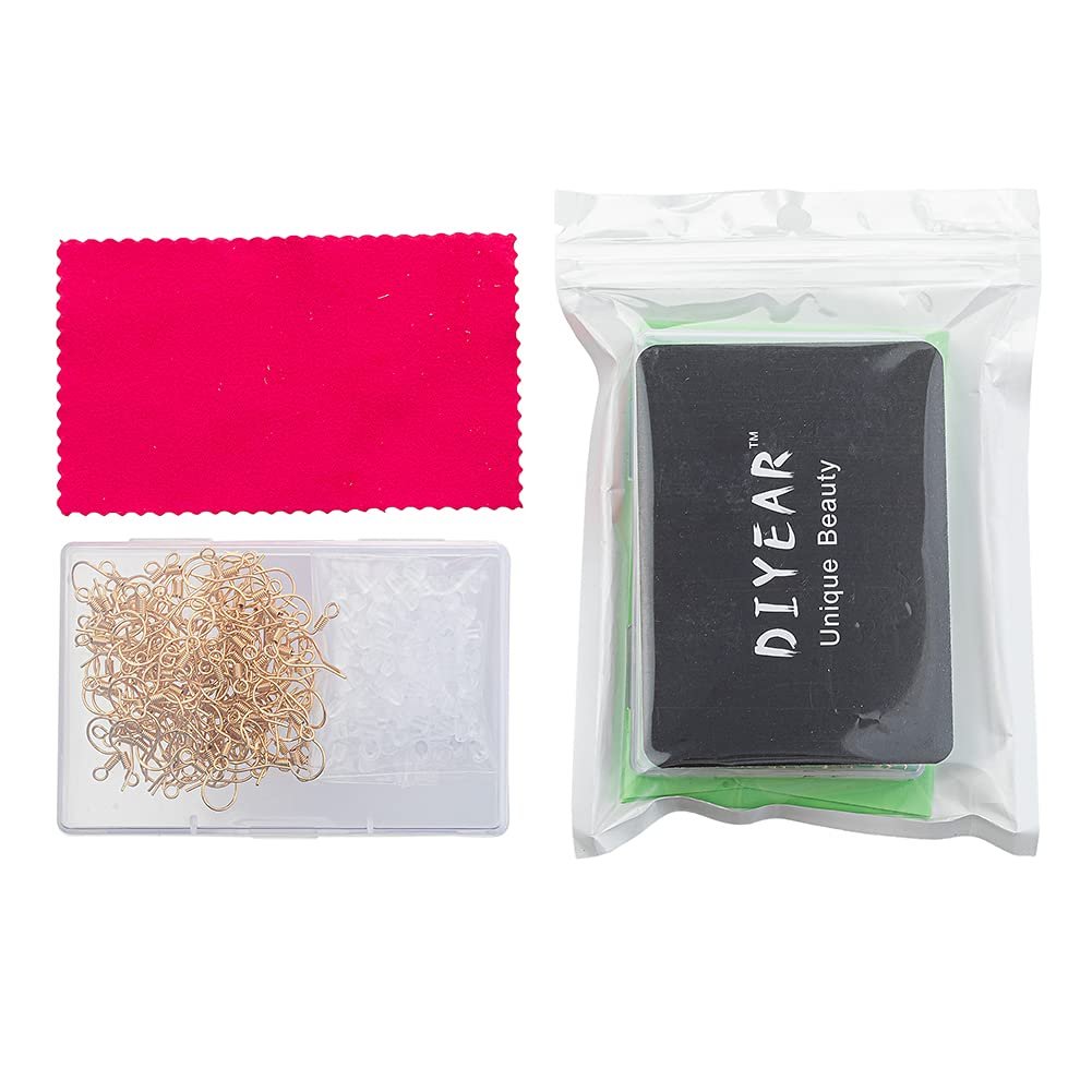 Set of gold plated copper earring hooks and rubber backs in a clear container, with a red polishing cloth and a black case labeled.