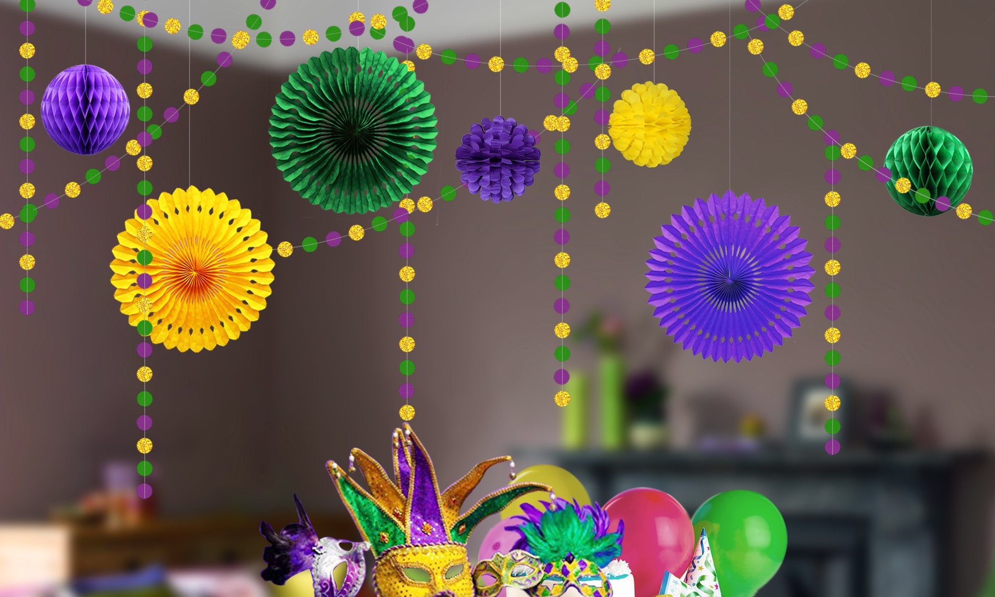 Mardi Gras themed party decorations including glitter circle garlands, honeycomb balls, paper fans, masks, and balloons.