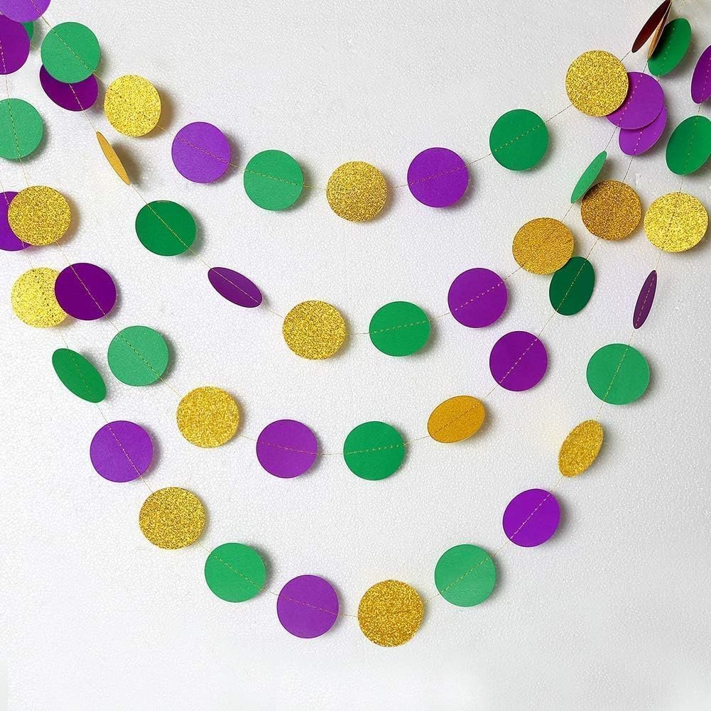 Gold, purple, and green glitter circle garland strands against a white background.