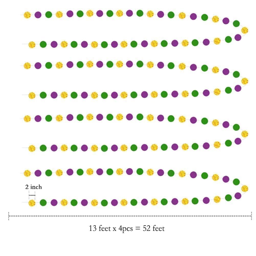 Gold, purple, and green glitter circle garland strands with size and length indicators