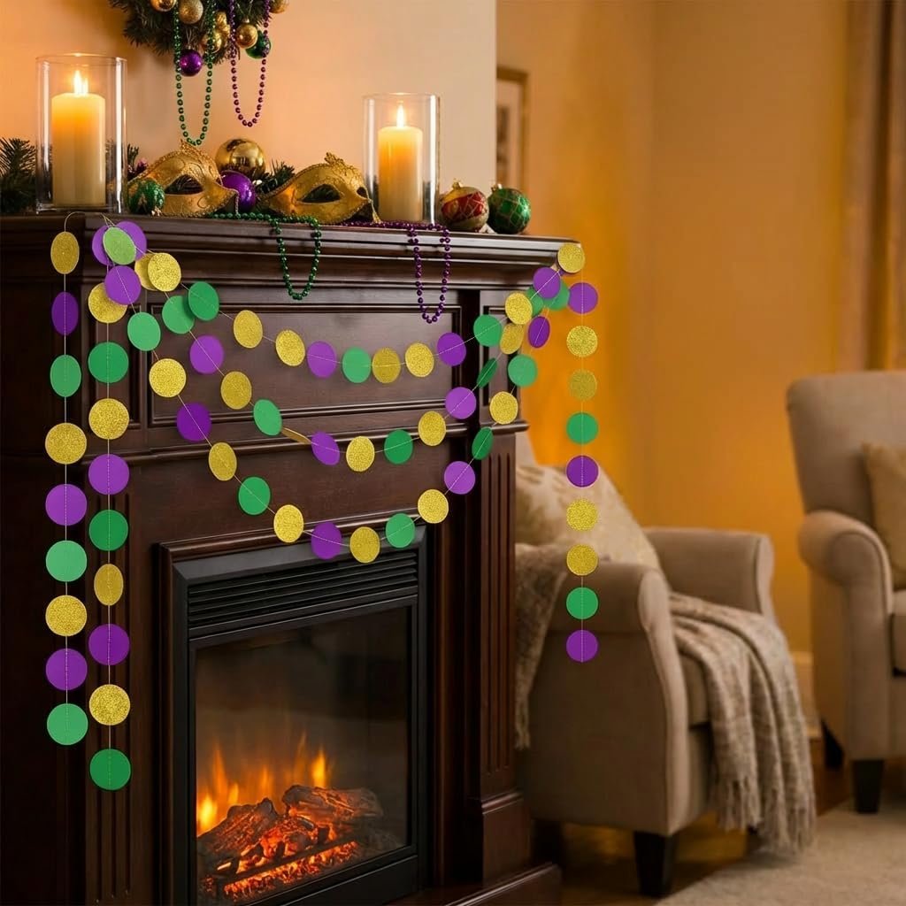 Gold, purple, and green glitter circle garland draped across a fireplace mantel with lit candles and Mardi Gras masks.