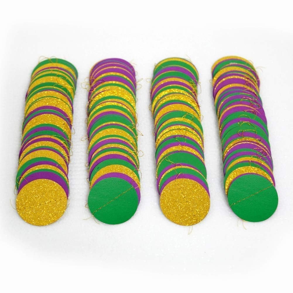 Four strands of gold, purple, and green glitter circle garland on a white background.