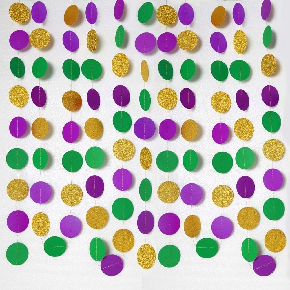 Gold, purple, and green glitter circle garland strands hanging against a white background.