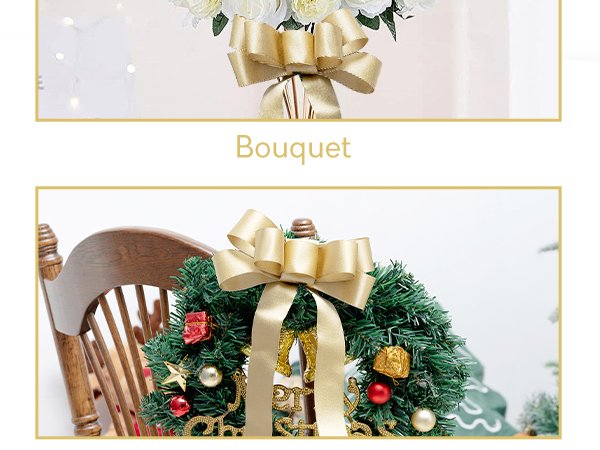 Gold satin ribbon tied into bows on a bouquet of white flowers and a Christmas wreath