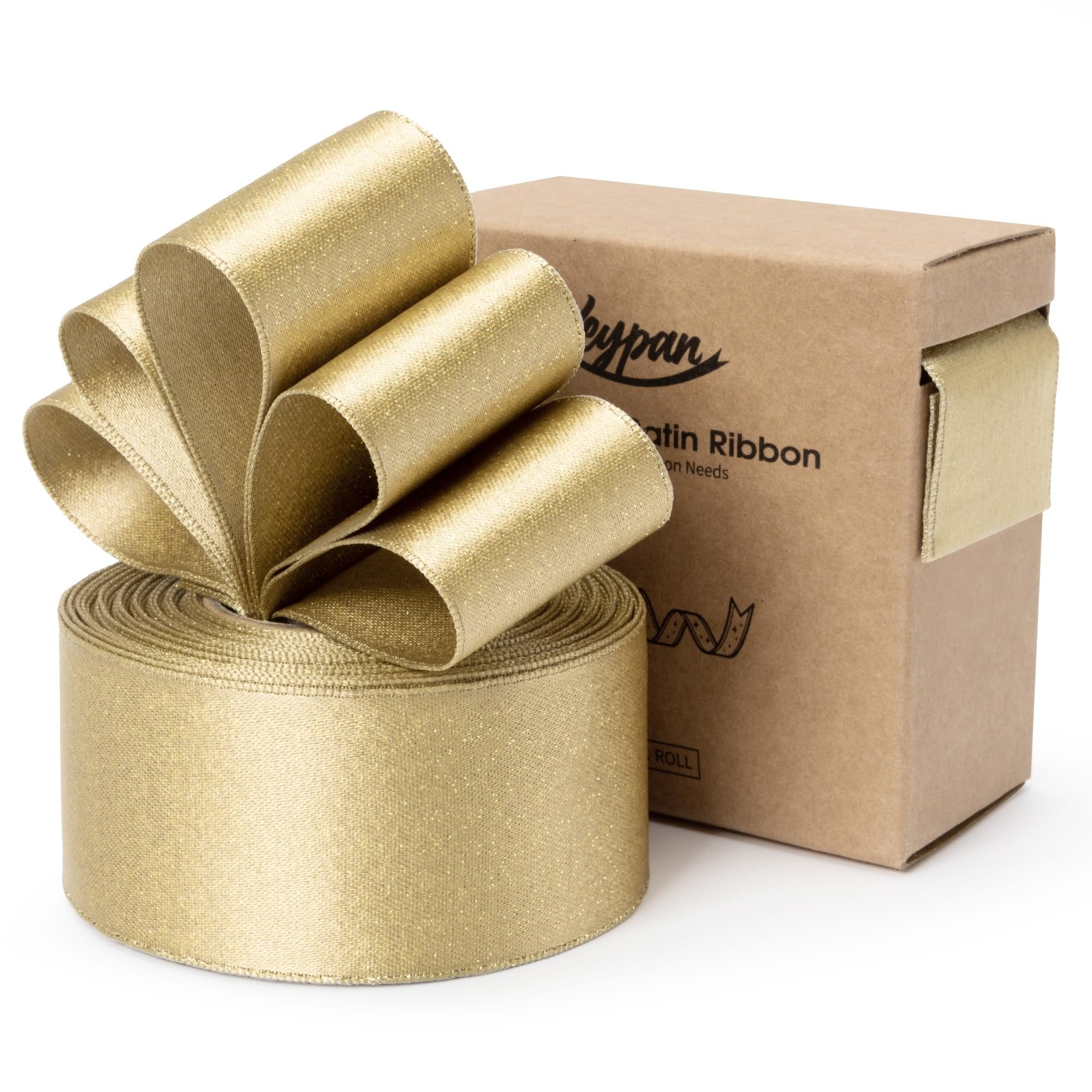 Gold satin ribbon roll with a bow on top, next to a cardboard box with brand text.