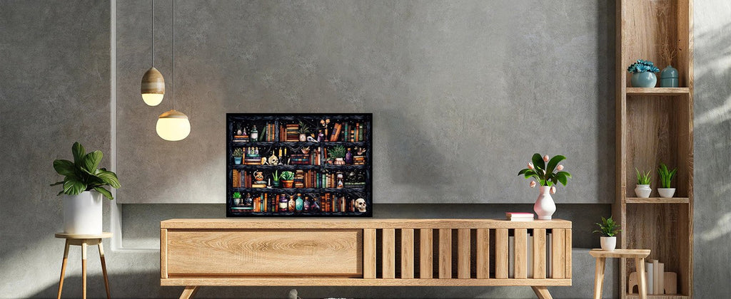 Gothic bookshelf paint by numbers kit displayed on a wooden credenza, featuring shelves filled with books, potions, and skulls.