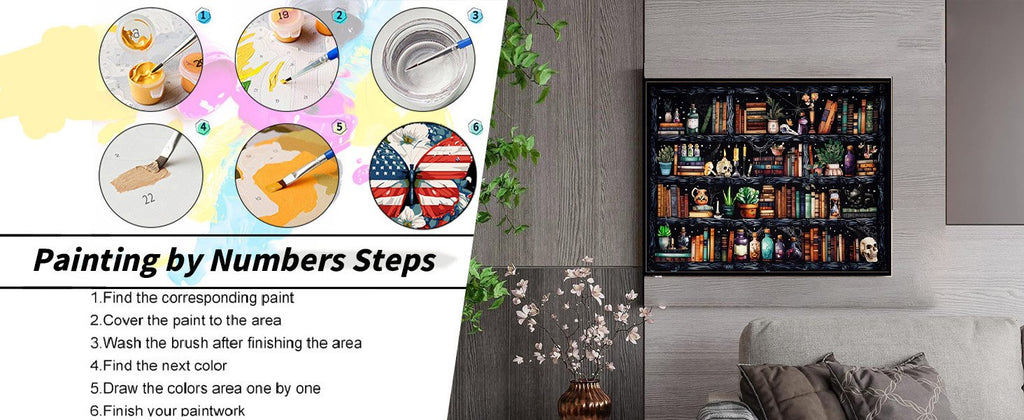 Gothic bookshelf paint by numbers kit with step-by-step instructions and a finished painting example.