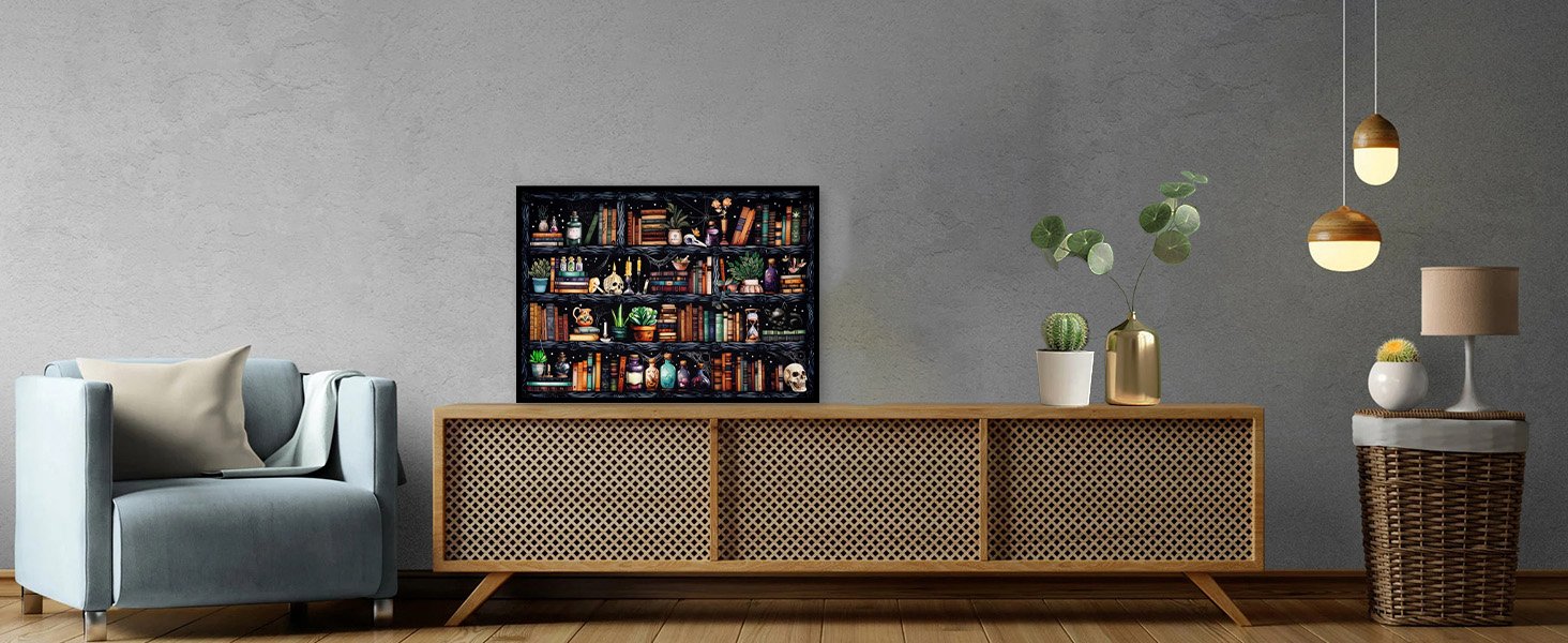Gothic bookshelf paint by numbers canvas displayed above a wooden cabinet in a living room setting.