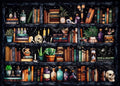 Gothic bookshelf painting by numbers kit with books, plants, potions, skull, and cat
