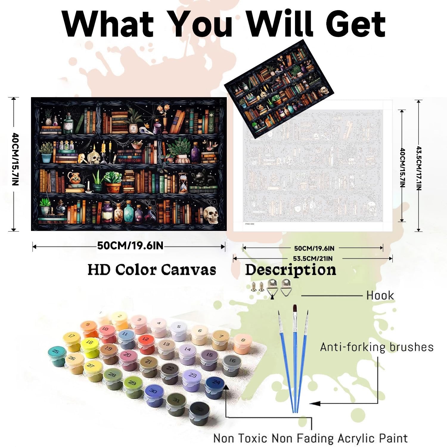 Paint by numbers kit contents including HD color canvas, acrylic paints, brushes, and hooks.