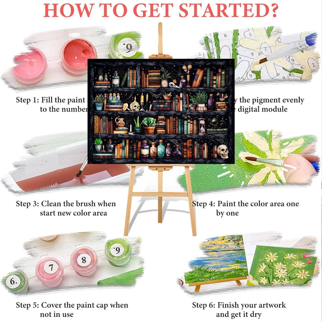 Paint by numbers kit instructions showing steps to fill paint, clean brush, paint areas, and finish artwork.