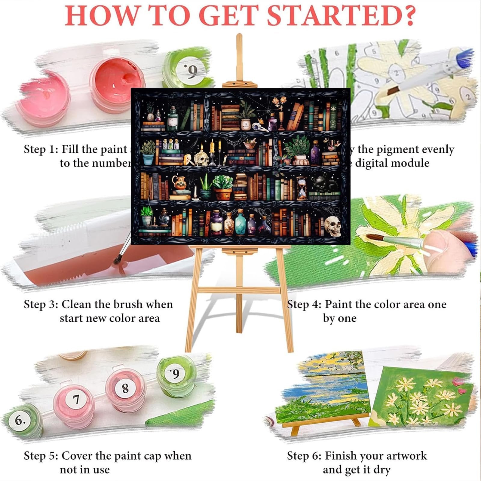 Paint by numbers kit instructions showing steps to fill paint, clean brush, paint areas, and finish artwork.
