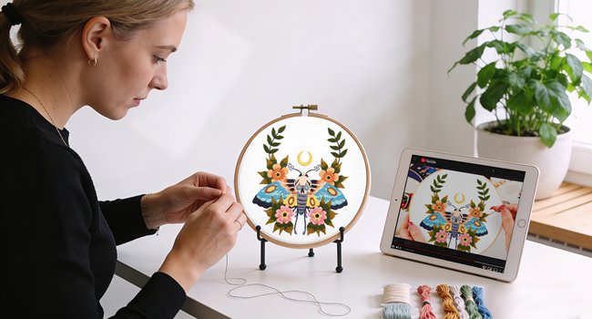 Woman doing embroidery with a moth and floral pattern, following a video tutorial on a tablet