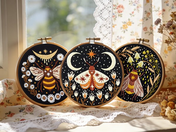 Three embroidery hoops with celestial insect and floral designs displayed on a windowsill.