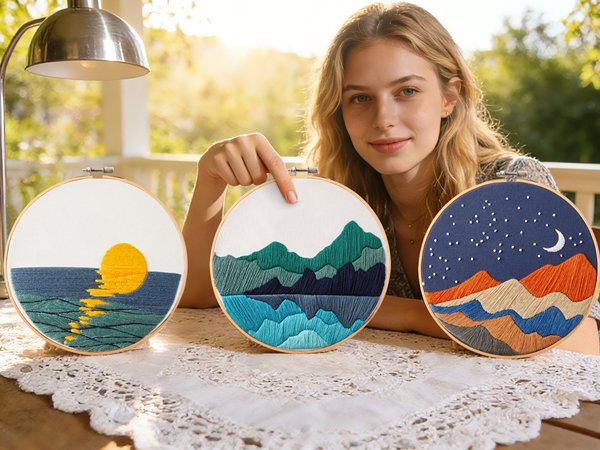 Woman holding three embroidered hoops with landscape designs: sunset over water, mountains and lake, starry night sky over mountains.