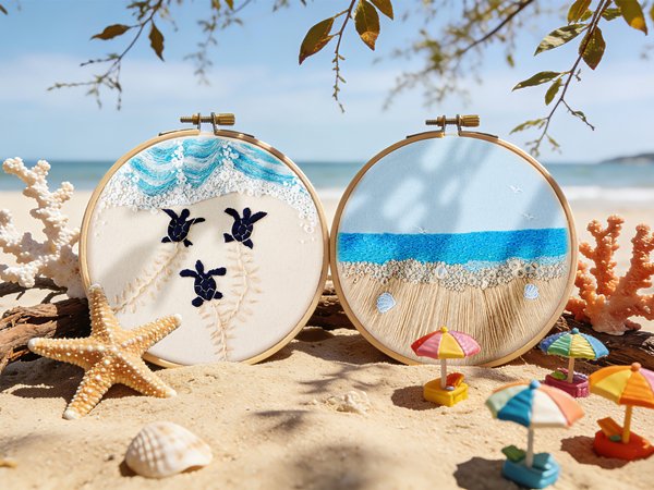 Two embroidery hoops with beach scenes, one with turtles, on a sandy beach with coral and starfish.