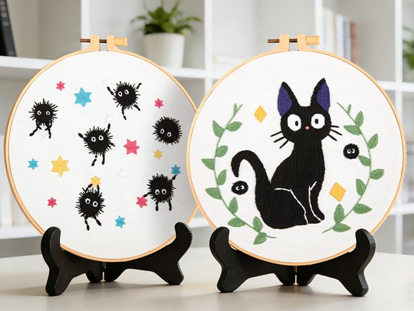 Two embroidery hoops displayed on black stands, one with black soot sprites and colorful stars, the other with a black cat surrounded by leaves and small sprites.