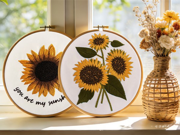 Two embroidery hoops with sunflowers and text, next to a vase of dried flowers.