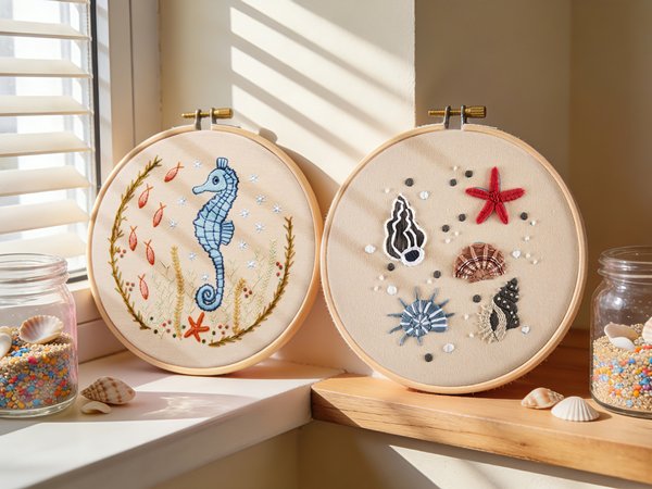 Two embroidery hoops with ocean-themed designs, one with a seahorse and fish, the other with various seashells.