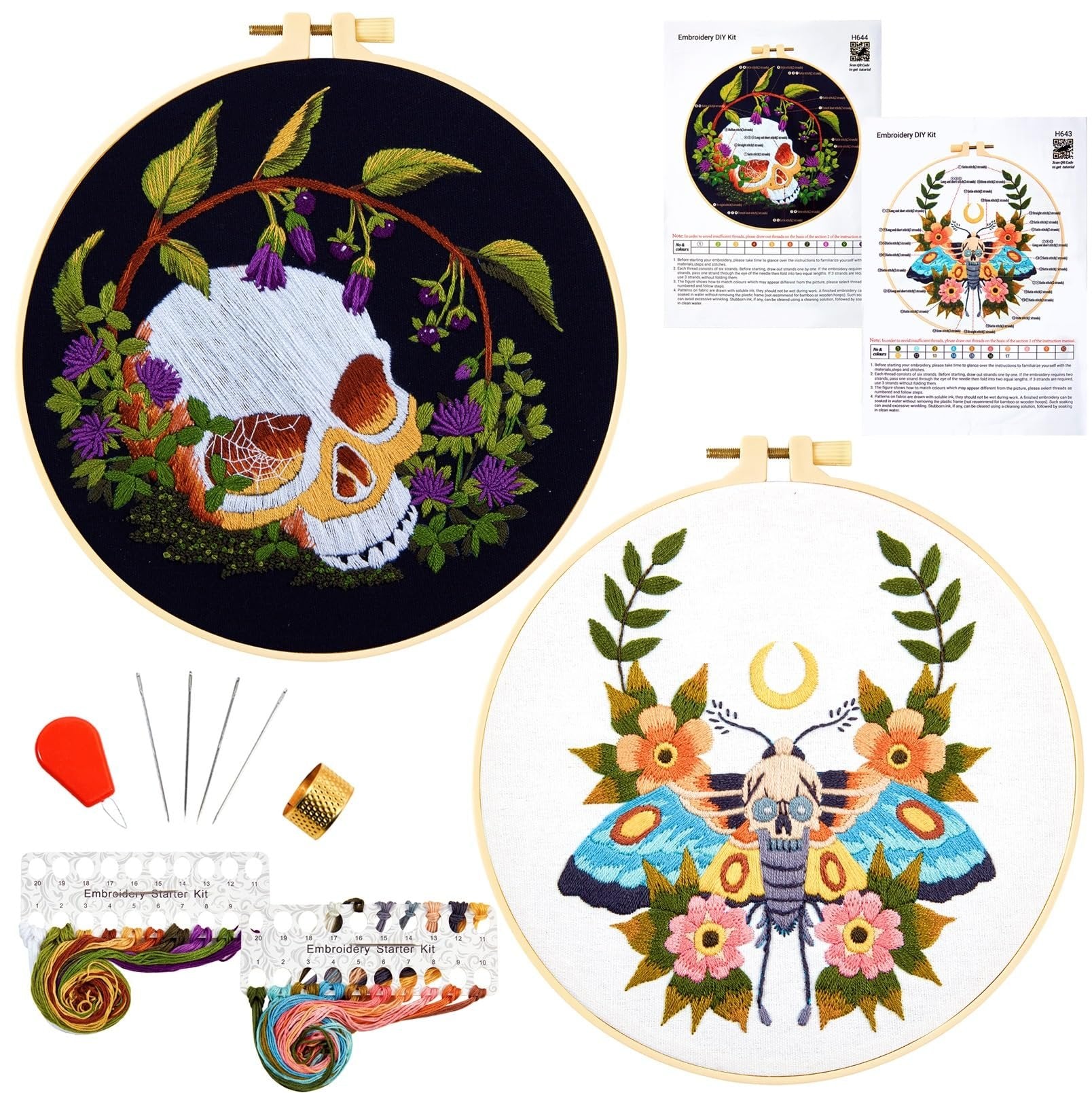 Embroidery starter kits with two hoops, one with a skull and floral design, the other with a moth and floral design, plus embroidery floss and needles.