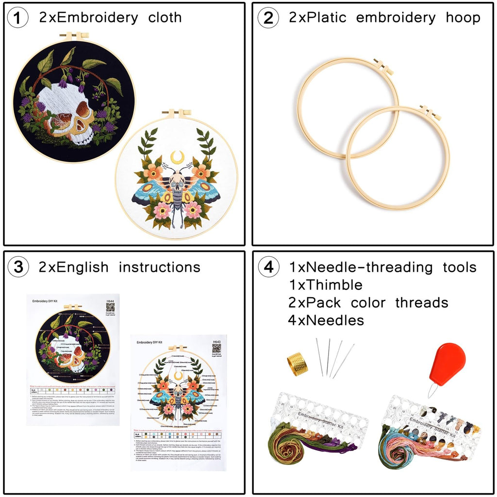 Embroidery starter kit contents including embroidered cloths, hoops, instructions, threads, needles, and thimble.