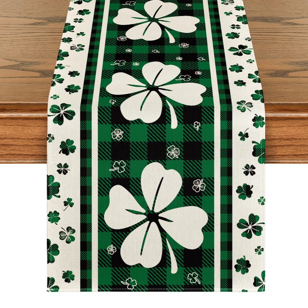 Green clover buffalo plaid St. Patrick's Day table runner on a wooden table