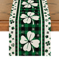 Green clover buffalo plaid St. Patrick's Day table runner on a wooden table