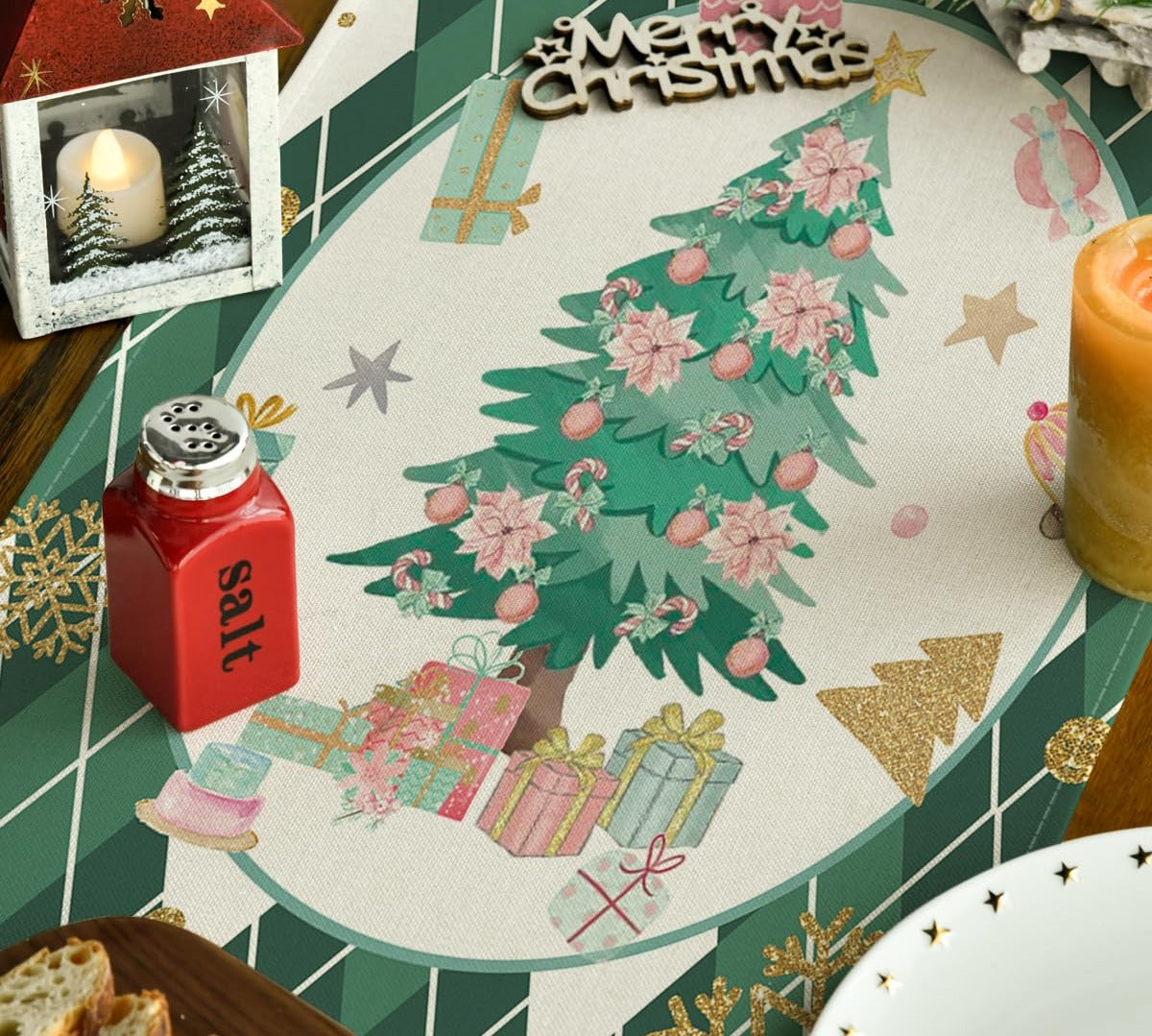 Christmas table runner with a green plaid pattern and a central oval featuring a decorated Christmas tree and gifts.