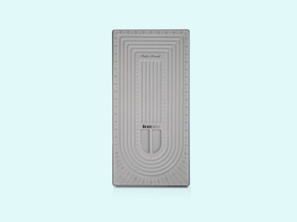 Grey flocked jewelry bead board with cover, featuring U-shaped channels and recessed compartments, top view.