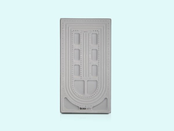 Grey flocked jewelry bead board with U-shaped channels and recessed compartments, top view.