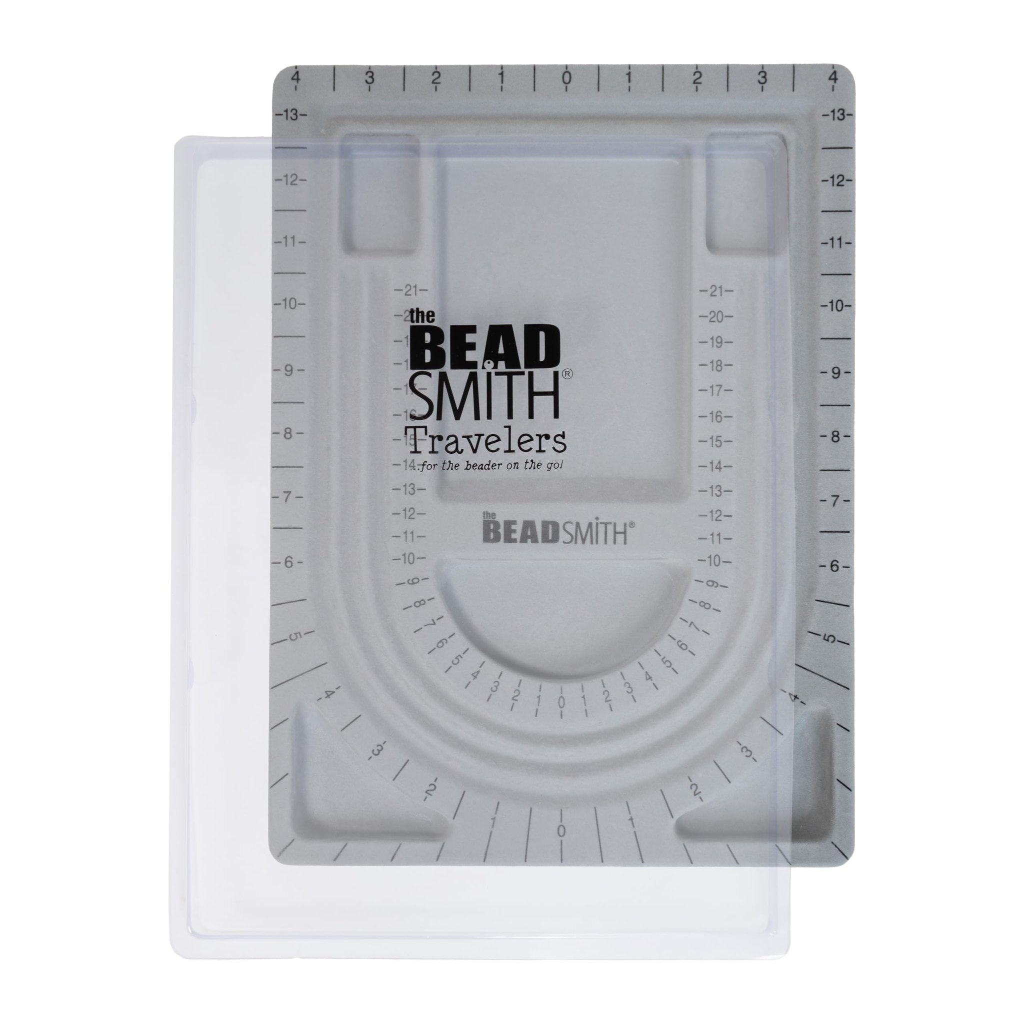 Grey flocked jewelry bead board with cover, featuring measurement markings and recessed compartments for organizing beads.