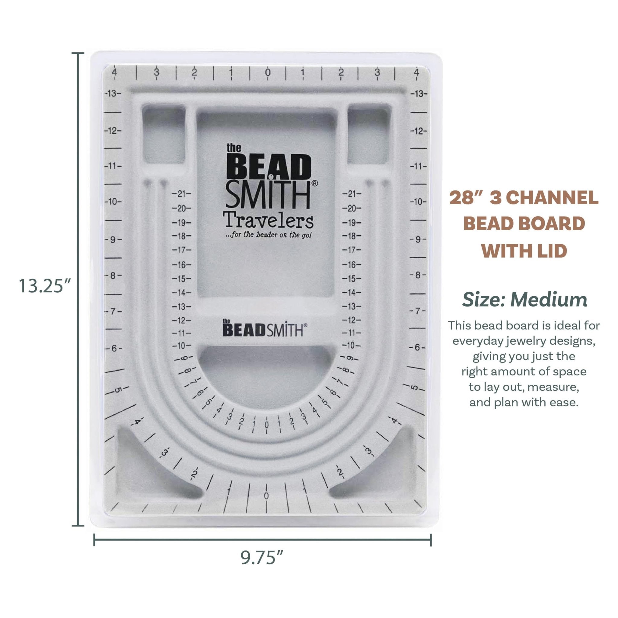 Grey flocked jewelry bead board with cover, featuring measurement markings and compartments. Dimensions 13.25 x 9.75 inches.