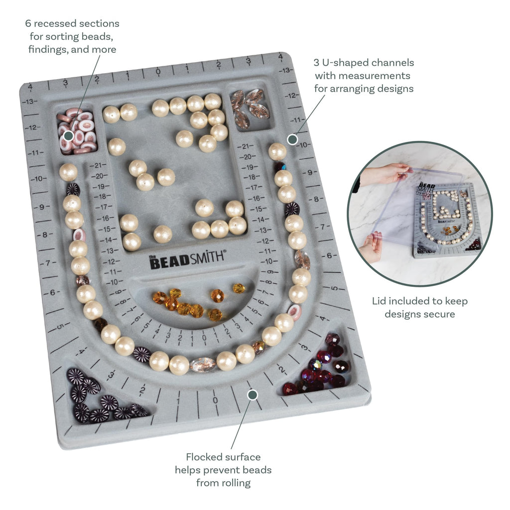Grey flocked jewelry bead board with cover, filled with beads and findings, showing U-shaped channels and recessed sections.