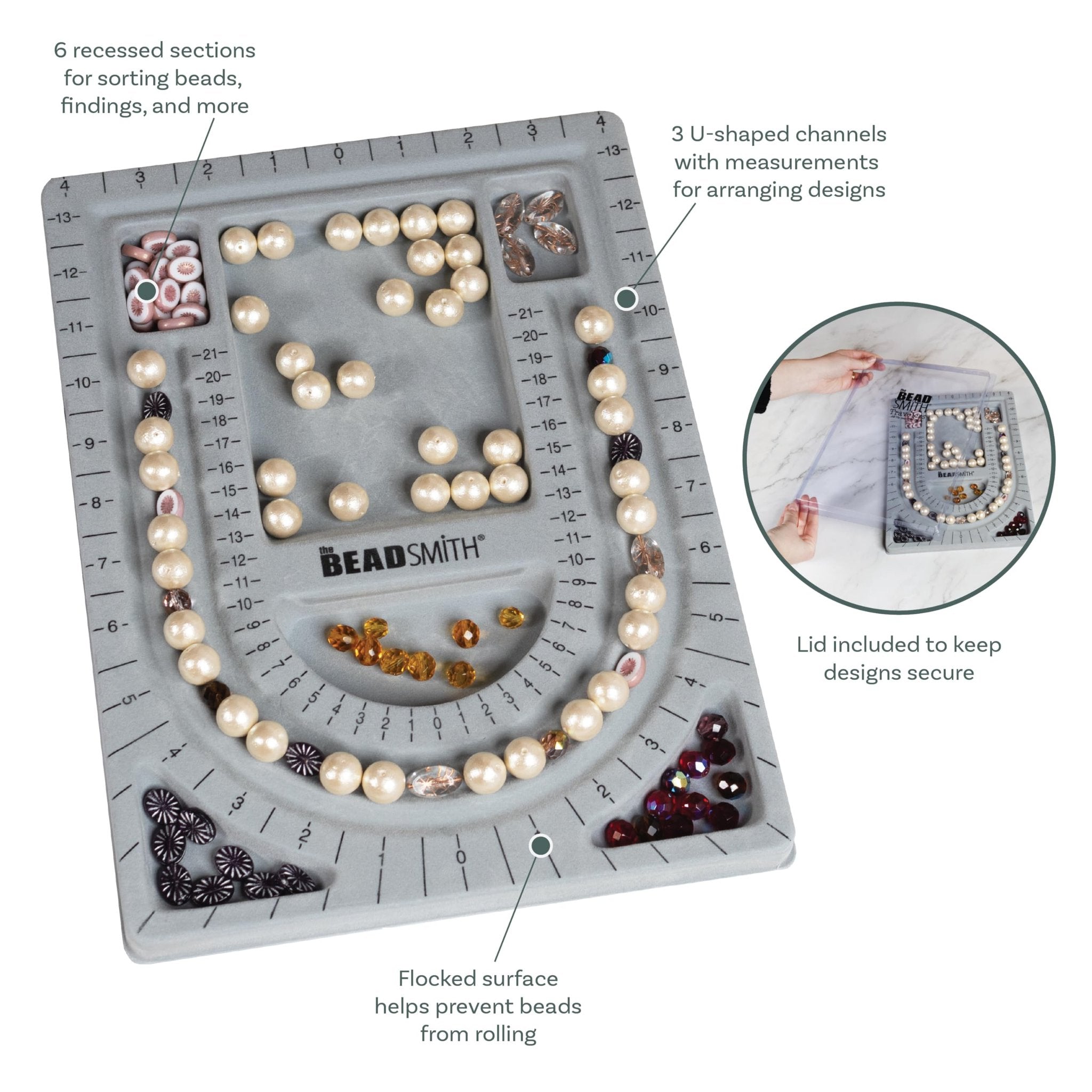 Grey flocked jewelry bead board with cover, filled with beads and findings, showing U-shaped channels and recessed sections.