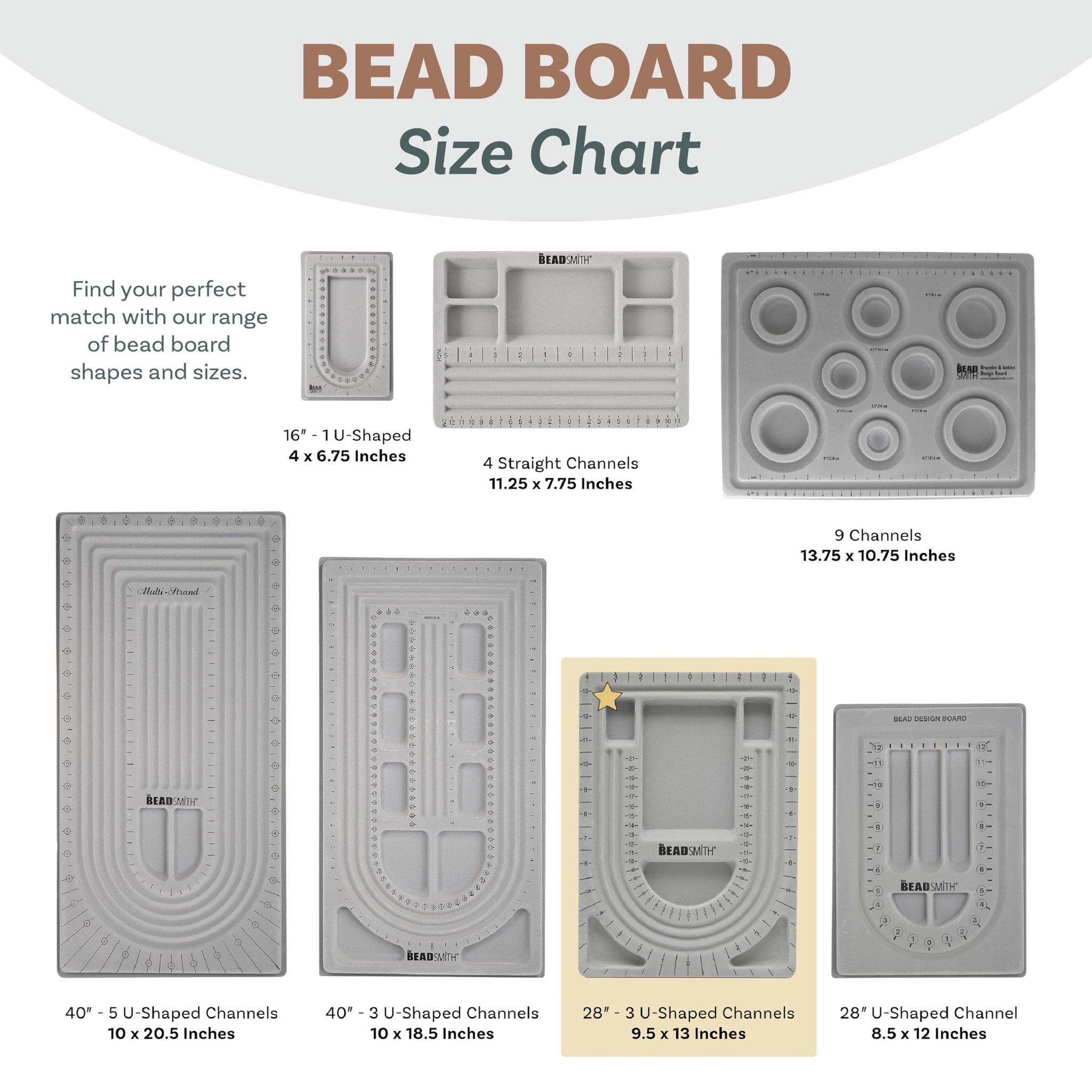 Collage of various bead design boards, showing different sizes and channel configurations with measurements.