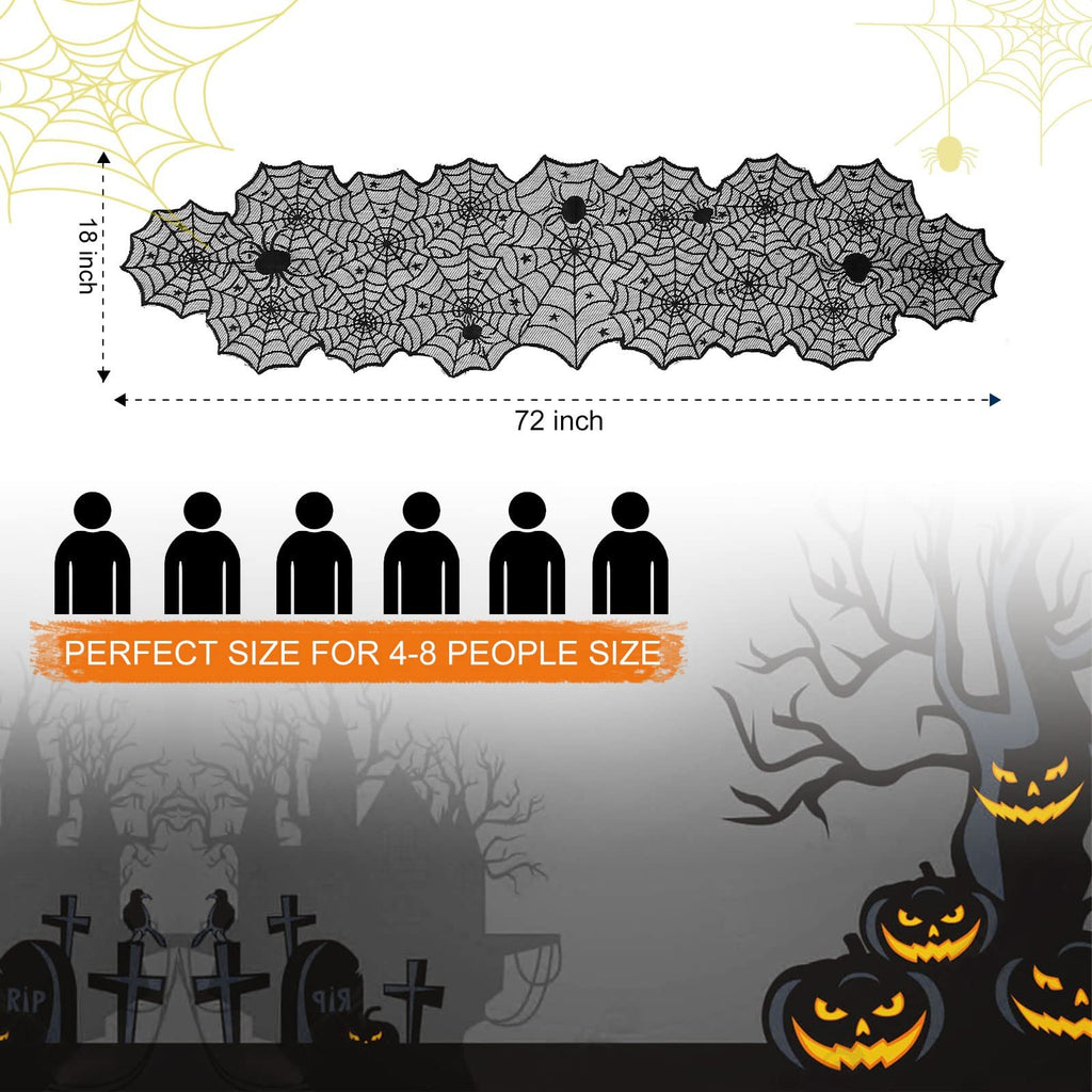 Black lace spider web table runner with dimensions 18 x 72 inches, shown with Halloween graphics.