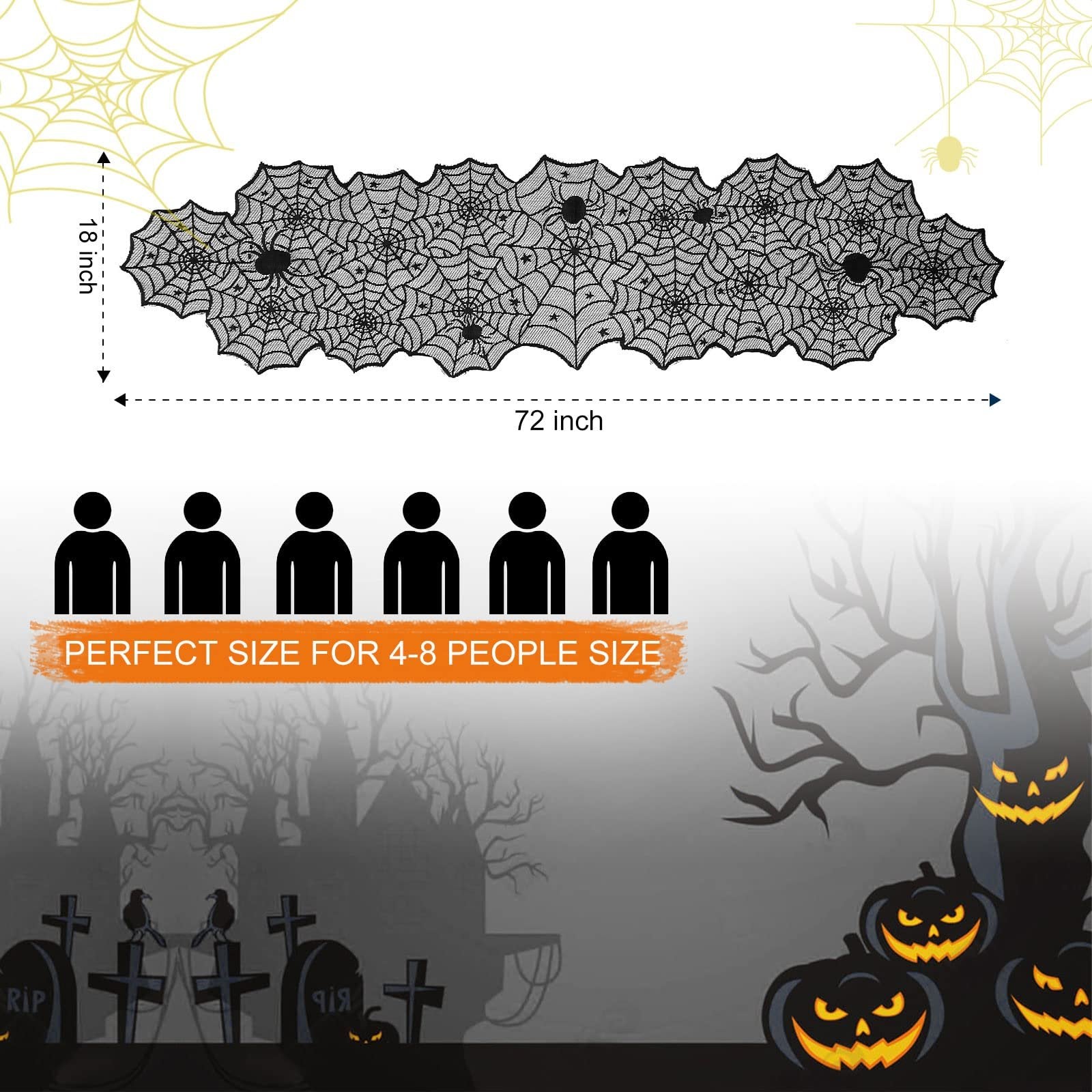 Black lace spider web table runner with dimensions 18 x 72 inches, shown with Halloween graphics.